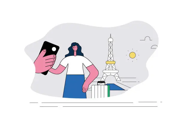 Vector illustration of Female white-collar workers take a selfie of the Eiffel Tower in Paris with their mobile phones.