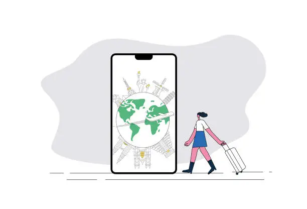 Vector illustration of Female white-collar workers travel the world through mobile phones.