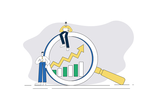 Two business men statistics company data with magnifying glass.