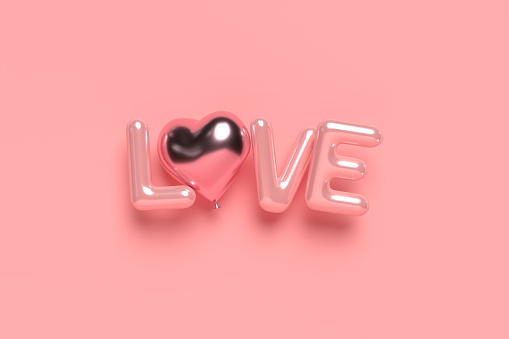 3d glossy Love word with heart balloon. Pink background for Valentine's day, Mother's day or wedding. 3d rendering illustration.
