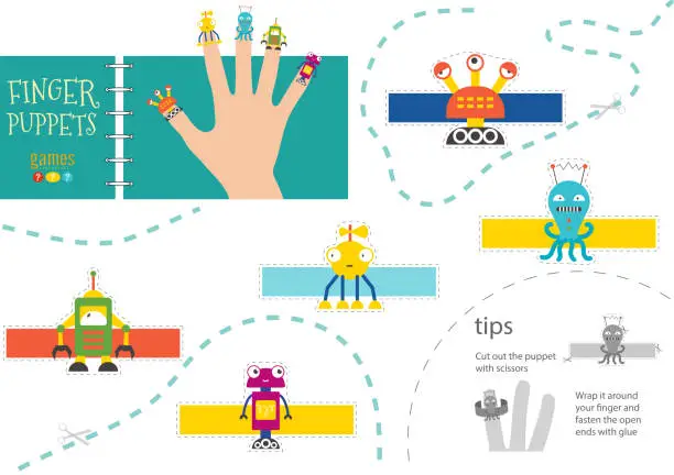 Vector illustration of Finger puppet vector robots. Cut and glue educational worksheet for little children