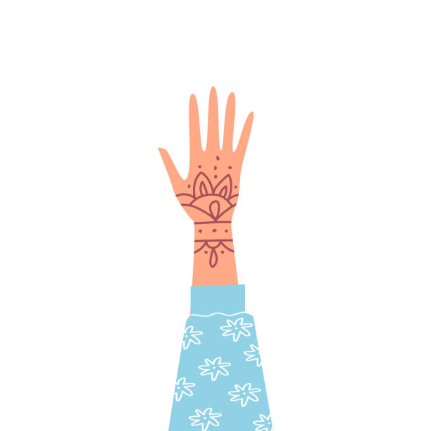 ilustrações de stock, clip art, desenhos animados e ícones de indian raised hand with mehndi mandala henna tattoo. multicultural woman's raised palm, solidarity and diversity symbol - hinduism henna tattoo tattoo human hand