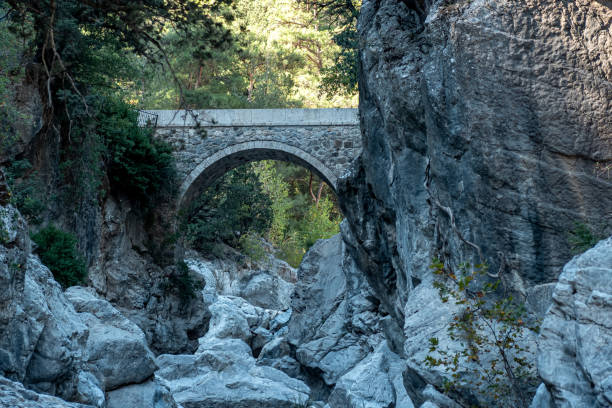 antike römische brücke über eine schattige schlucht in der kesme bogazi schlucht, türkei - roman antalya turkey restoring stock-fotos und bilder