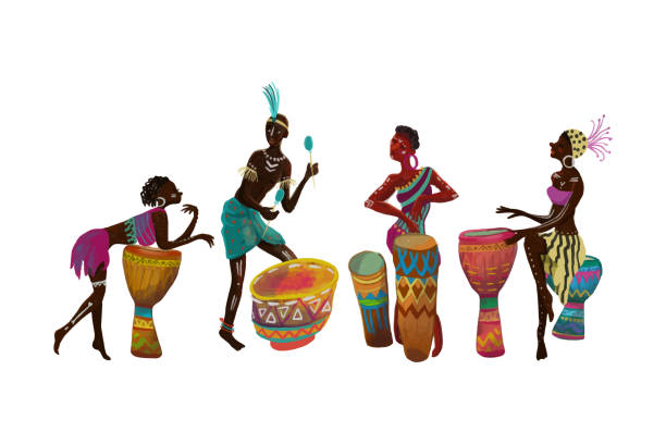 ilustraciones, imágenes clip art, dibujos animados e iconos de stock de los músicos africanos bailan y tocan la batería. - ceremonial dancing illustrations