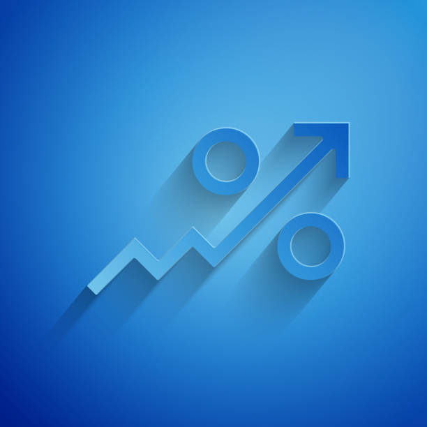 Paper cut Percent up arrow icon isolated on blue background. Increasing percentage sign. Paper art style. Vector Paper cut Percent up arrow icon isolated on blue background. Increasing percentage sign. Paper art style. Vector. making money origami stock illustrations