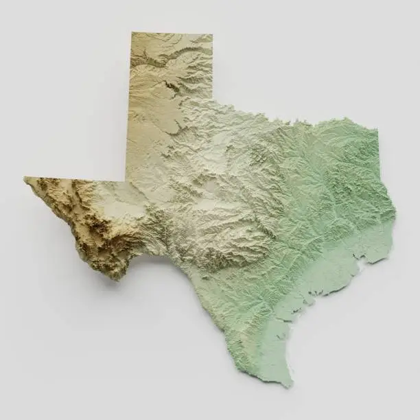 3D render of a topographic map of Texas. All source data is in the public domain. SRTM data courtesy of the U.S. Geological Survey.