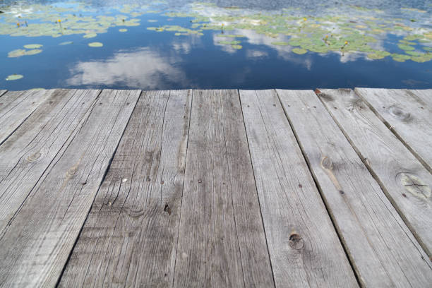 plate-forme en bois au-dessus de l’étang le jour d’été - horizon over water horizontal surface level viewpoint photos et images de collection