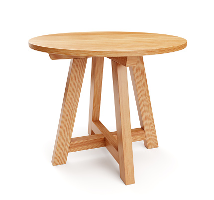 Round wooden table isolated on white background. Clipping path included. 3D render. 3D illustration.