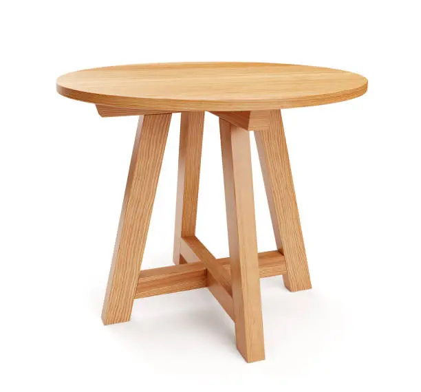 Photo of Round wooden table isolated on white background. Clipping path included. 3D render.