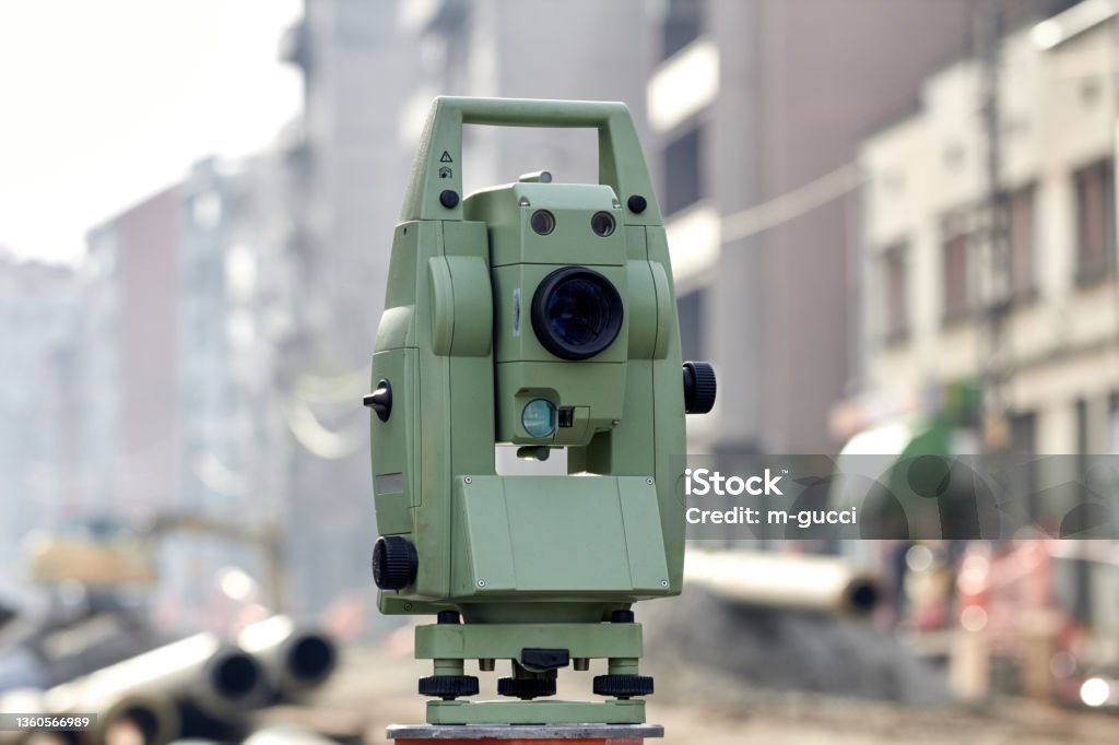 Theodolite instrument for measuring land angles during construction. Accuracy Stock Photo