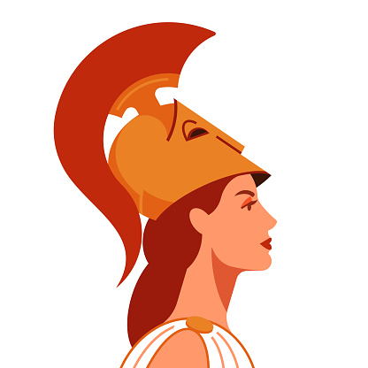 Pallas Athena. Greek goddess of wisdom, warrior, one of the gods of Mount Olympus. Portrait of beautiful woman in antique Greek helmet. Vector illustration for banner, cover, poster.