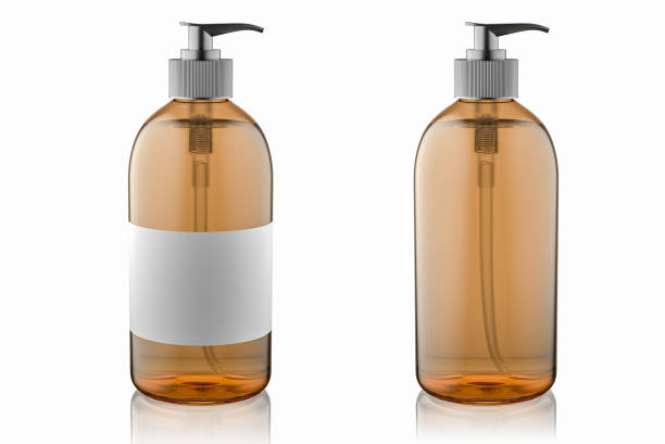 istock Amber glass pump bottle for cosmetics with blank white label. Mock-up. 3d render 1360568303