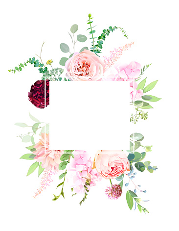 Pink garden roses, ranunculus, carnation, allium, dahlia flowers vector design frame. Wedding floral, greenery. Mint, pink, beige, green tones. Watercolor flowers Summer style Elements are isolated
