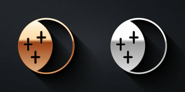 Gold and silver Eclipse of the sun icon isolated on black background. Total sonar eclipse. Long shadow style. Vector Gold and silver Eclipse of the sun icon isolated on black background. Total sonar eclipse. Long shadow style. Vector. gold ira approved stock illustrations