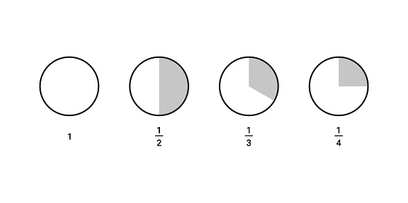 Circle diagram whole and with part, fraction half, third, quarter. One piece from circle. Mathematical infographic. Divided area. Vector