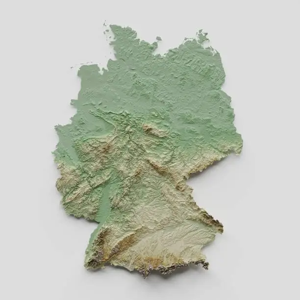 3D render of a topographic map of Germany. All source data is in the public domain. SRTM data courtesy of the U.S. Geological Survey.