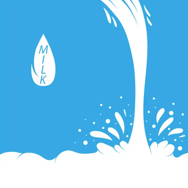 Vector illustration of Pouring Milk Splash on Blue Background. White Creamy Liquid Drops. Fresh Farm Milky Flow Drink. Minimalist Poster