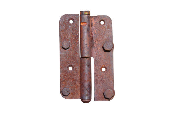 istock Old rusty metal double door hinge with bolts. Close-up. Front view. The isolated object on a white background. Isolate. 1360584205
