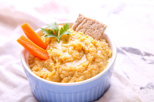 Hummus - boiled chickpea puree with the addition of spices and herbs, vegetable, tahini