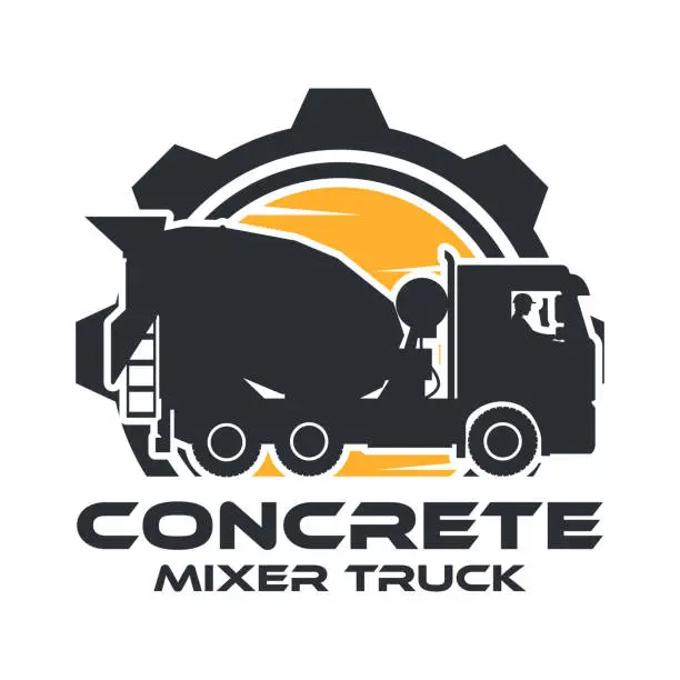 Vector illustration of Heavy machinery label with operator driving concrete mixer truck with gear in the background