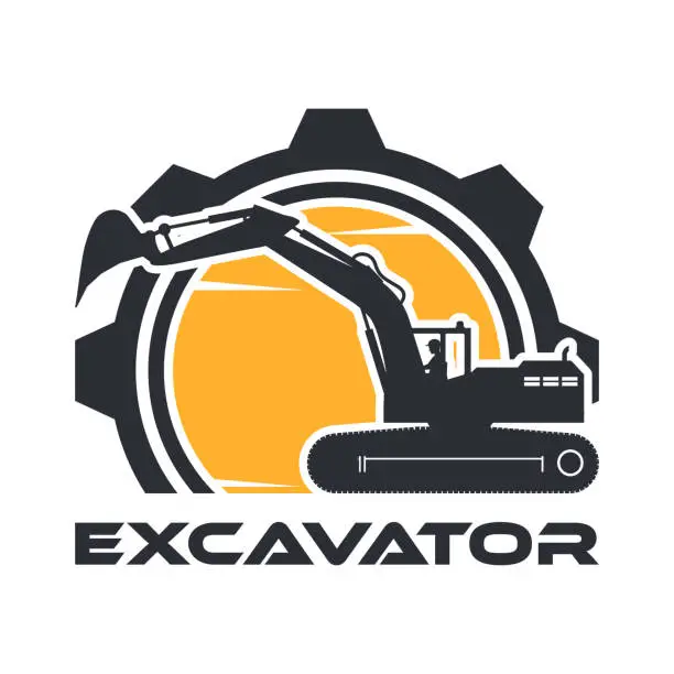 Vector illustration of Heavy machinery icon with crawler excavator and operator working shadows