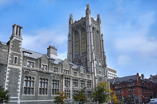 Gothic style college buildings in north Manhattan at Broadway and 120th streets