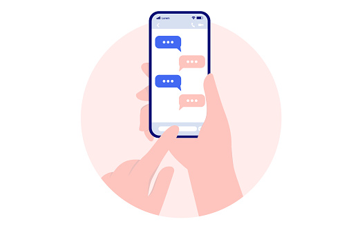 Hand holding smartphone and writing text messages on oval frame with white background. Vector illustration