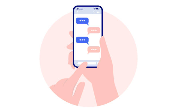 Texting on mobile phone Hand holding smartphone and writing text messages on oval frame with white background. Vector illustration iphone hand stock illustrations