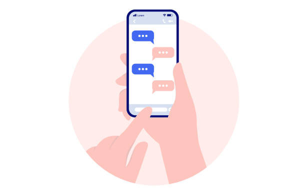 Texting on mobile phone Hand holding smartphone and writing text messages on oval frame with white background. Vector illustration text stock illustrations