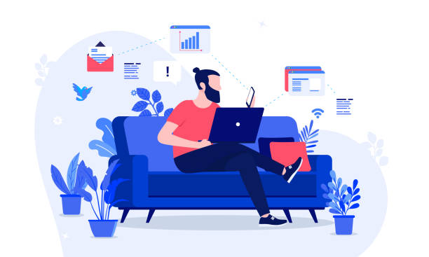 Working from home - Casual man sitting in sofa doing work on computer and phone Remote work concept. Vector flat design illustration telecommuting stock illustrations