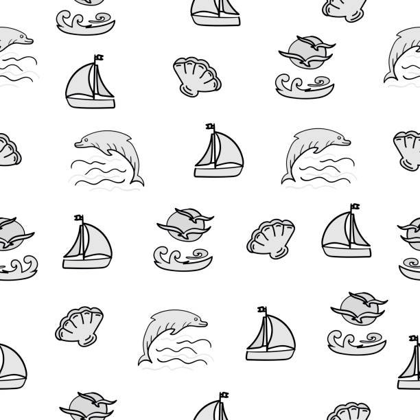 海洋生物、ベクトルシームレスパターン - dolphin white background isolated fish点のイラスト素材／クリップアート素材／マンガ素材／アイコン素材