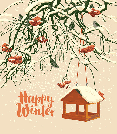 A beautiful winter landscape with the inscription Happy Winter, snow-covered branches and red clusters of mountain ash, a bird feeder and a flock of small frozen sparrows. Snowy vector illustration