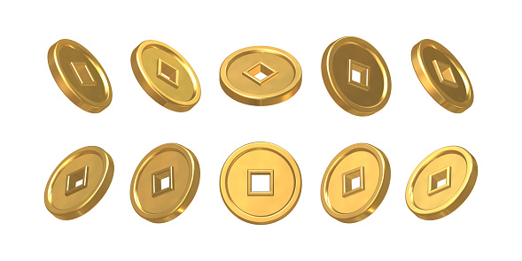 Asian Gold Coin. Set of realistic golden chinese coins with hole. Symbol of wealth, prosperity, good luck. Decoration elements for oriental New Year design. Isolation on a white background. 3d render