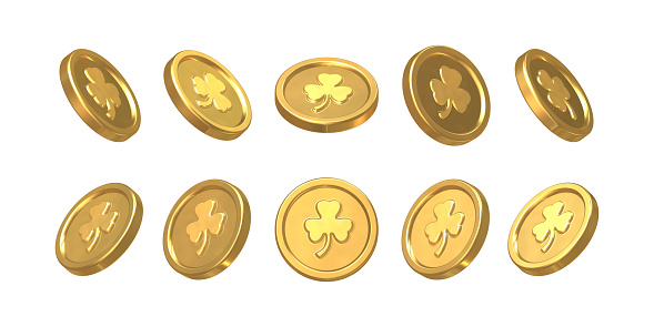 Gold Coin with Shamrock. Set of 3d three-leaf clover golden coins. Elements for Saint Patrick's day. Isolated on white background. Realistic 3d render