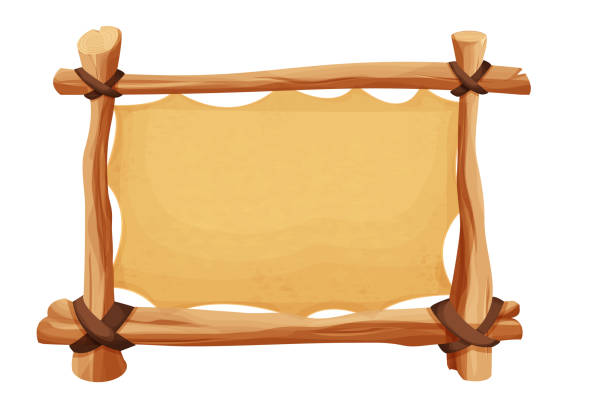 istock Frame from wood branch, sticks, old paper and leather rope in comic cartoon style isolated on white background. Tribal, rural clip art. Ui game asset. Vector illustration 1360599887
