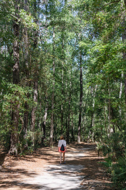 istock Woman walking along path in autumn 1360606031