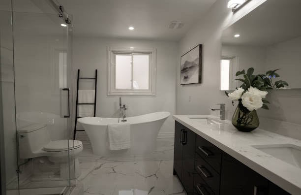 istock Modern contemporary bathroom with nature view 1360607538