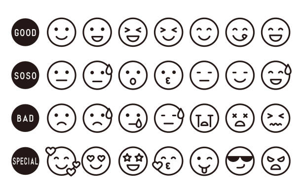 ilustraciones, imágenes clip art, dibujos animados e iconos de stock de conjunto de iconos de cara de expresión emocional simple (monocromo) - cara antropomórfica ilustraciones