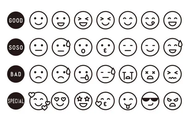 Vector illustration of Simple emotional expression face icon set (monochrome)