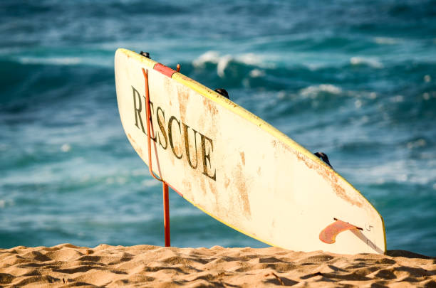 istock Lifeguard’s rescue surfboard with waves in the background 1360609917