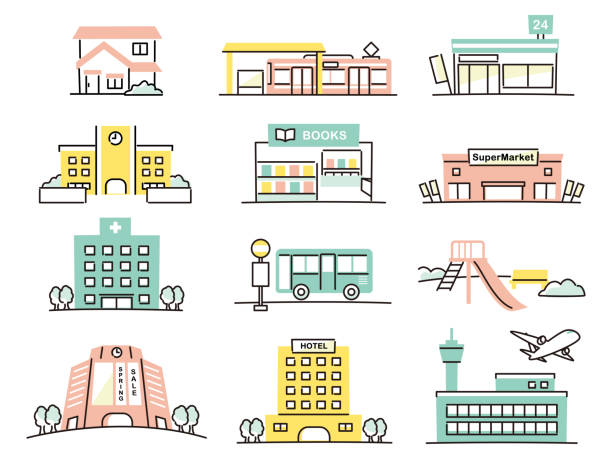 simple illustration of buildings in town - 車站 幅插畫檔、美工圖案、卡通及圖標