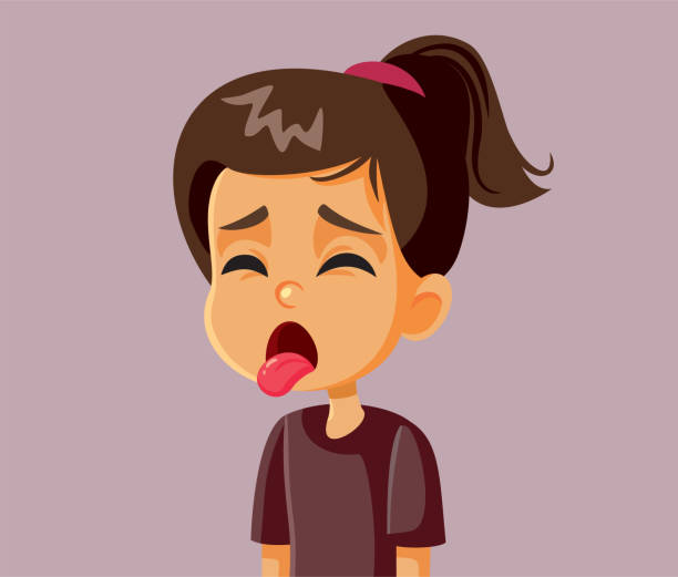 Disgusted Little Girl Sticking Tongue Out Vector Cartoon Child reacting to awful stink making yuck face expression ugly cartoon characters stock illustrations