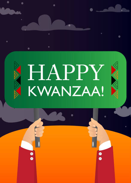 istock Hand holding banner with Happy Kwanzaa! text. Holiday, Celebration sign. 1360616056