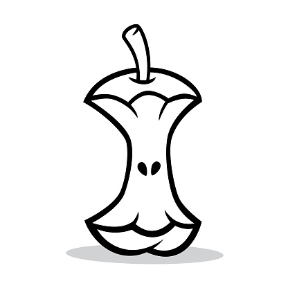 Vector illustration of a hand drawn, black and white apple core against a white background.