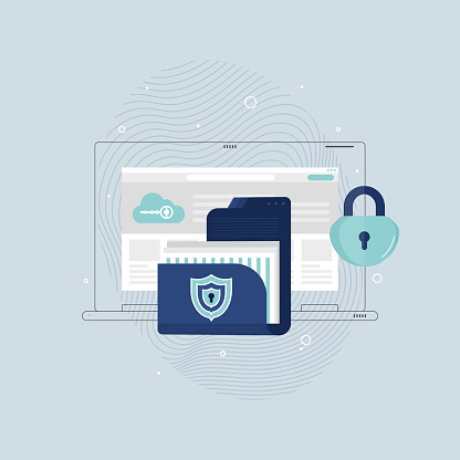 Data protection, file security and access rights concepts. Folder, documents and shield with lock icon. Modern flat design vector illustration
