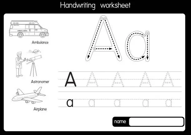 Vector illustration of Black and white vector illustration of  with alphabet letter A Upper case or capital letter for children learning practice ABC