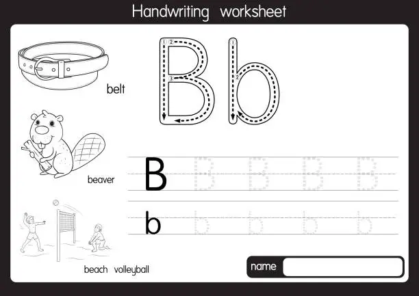 Vector illustration of Black and white vector illustration of  with alphabet letter B Upper case or capital letter for children learning practice ABC