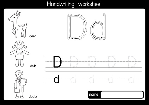 Black and white vector illustration of  with alphabet letter D Upper case or capital letter for children learning practice ABC