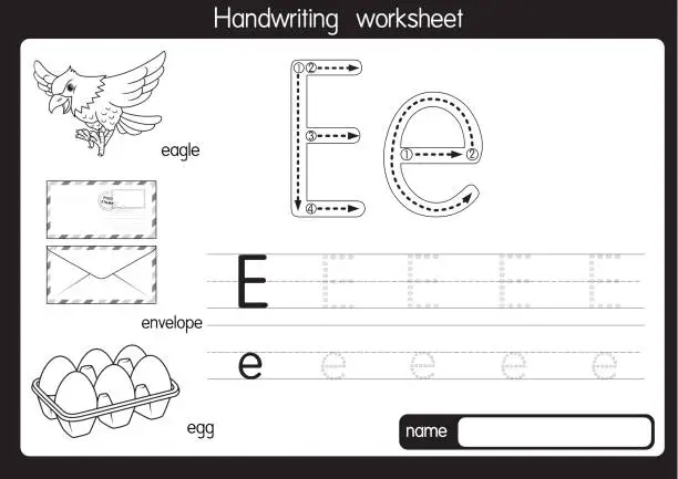 Vector illustration of Black and white vector illustration of  with alphabet letter E Upper case or capital letter for children learning practice ABC