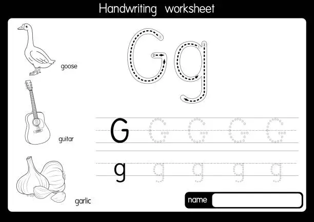 Vector illustration of Black and white vector illustration of  with alphabet letter G Upper case or capital letter for children learning practice ABC